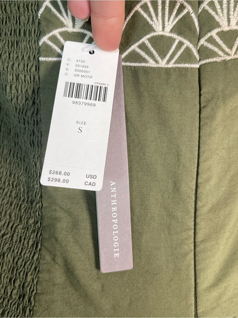 Anthropologie Strapless Olive Green Embroidered Cotton Midi Dress NWT Small - Picture 2 of 11